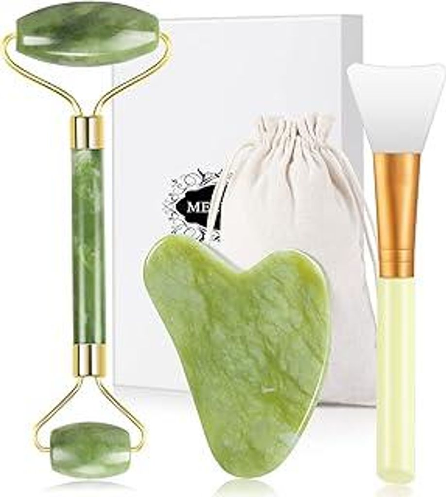 Jade Roller Set für Gesicht, Gua Sha Stein Massageset Gesichtsmassagegerät Natürlicher Schaben Stein Massage Werkzeug mit Maskenpinsel für Anti...