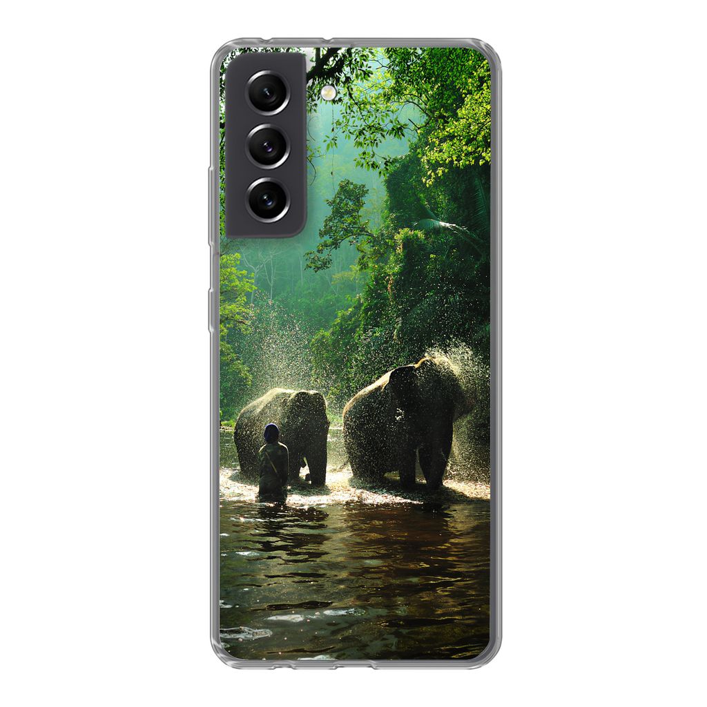 MuchoWow Handyhülle Schutzhülle Hülle für Samsung Galaxy S21 FE Elefant - Wasser - Bäume - Grün - Tiere Silikon Softcase Handy Hülle - Mob...