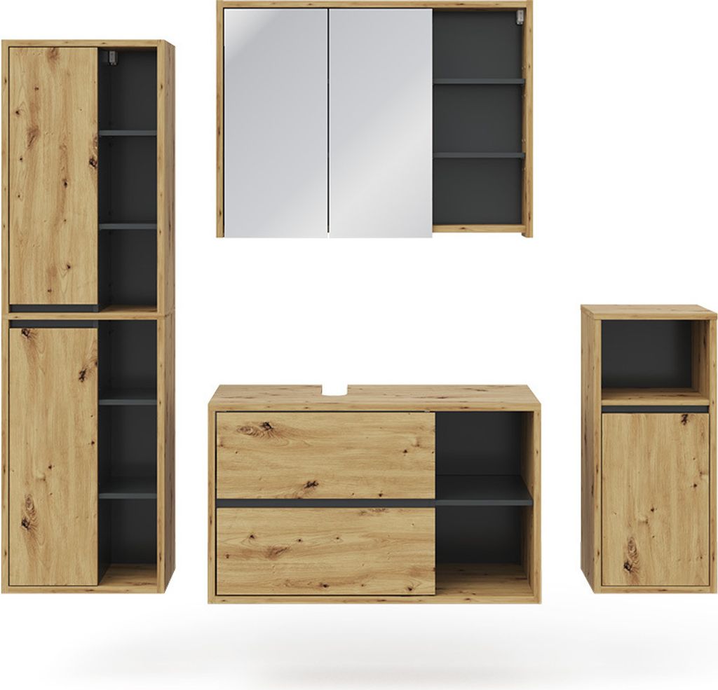 A set of four bathroom furniture pieces arranged on a white background.