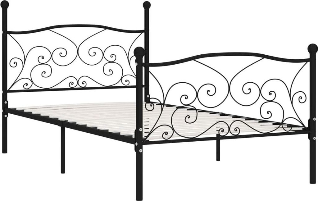 A black metal bed frame with a slatted base, shown from a side angle against a white background.