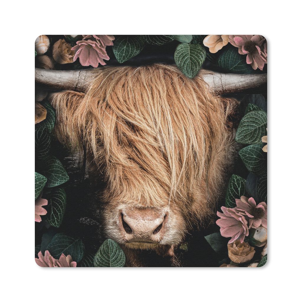 MuchoWow Mauspad Mousepad Schottischer Highlander - Blumen - Kuh 20x20 cm - Mousepads - Maus Mat - Pad - Mausunterlage - Desk Mat - Bureauartikeln