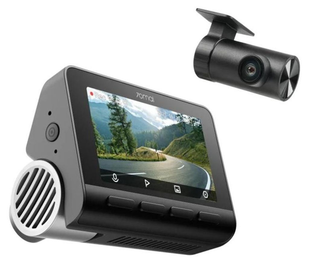 A dashcam and its rear camera are shown against a white background.