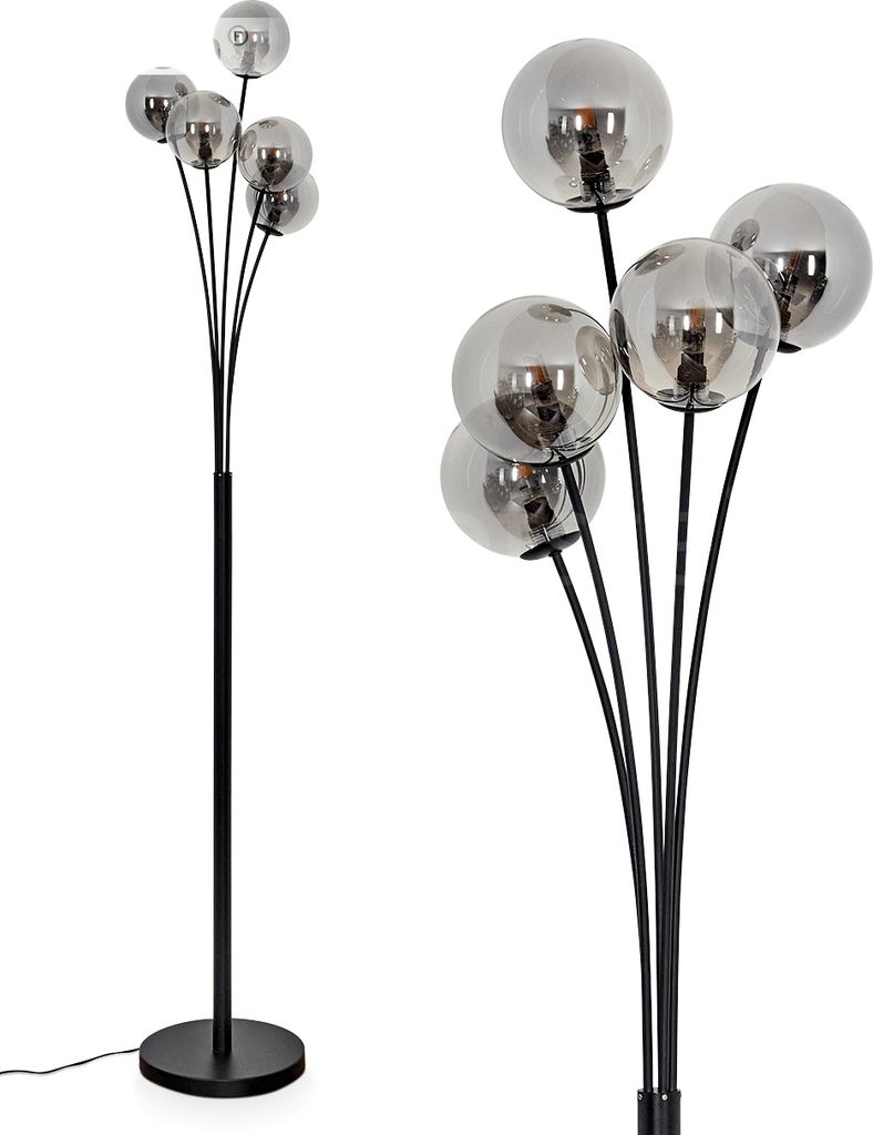 Lerici dimmbare Stehlampe aus Metall/Glas in Schwarz/Rauchfarben