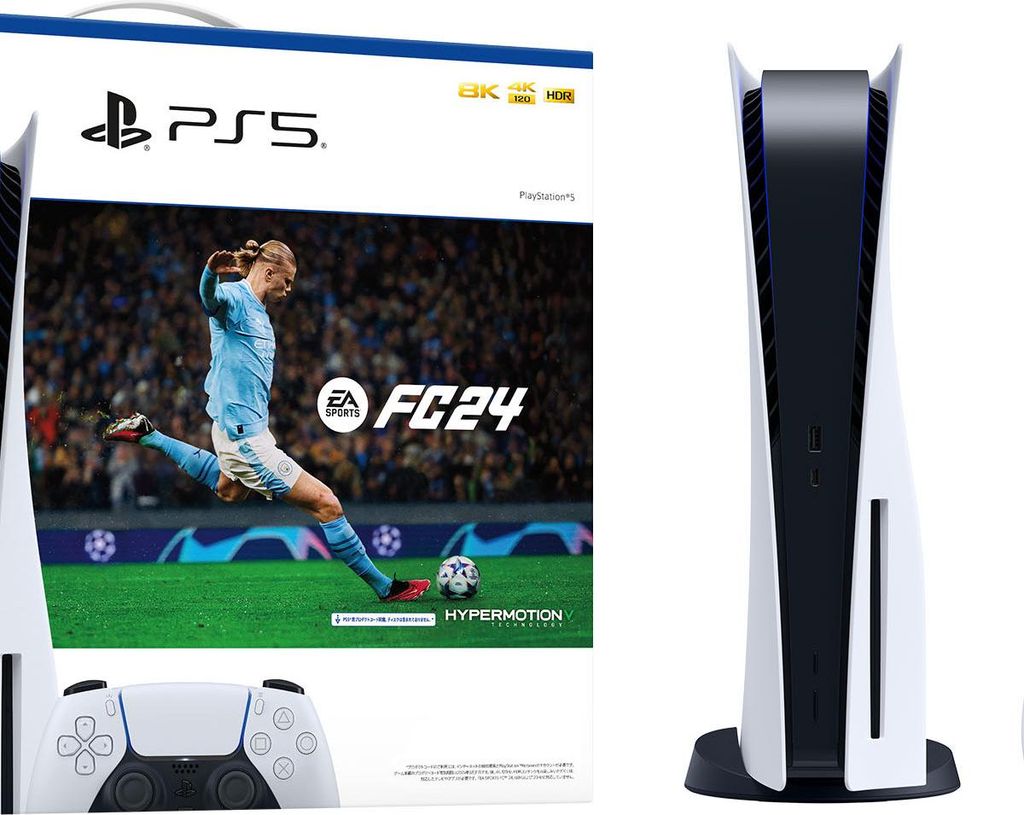 A PlayStation 5 console and game box are displayed side-by-side.