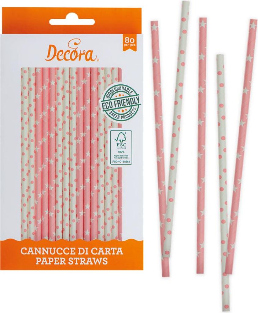 Papierstrohhalme PINK STARS DROOPS 80 Stück