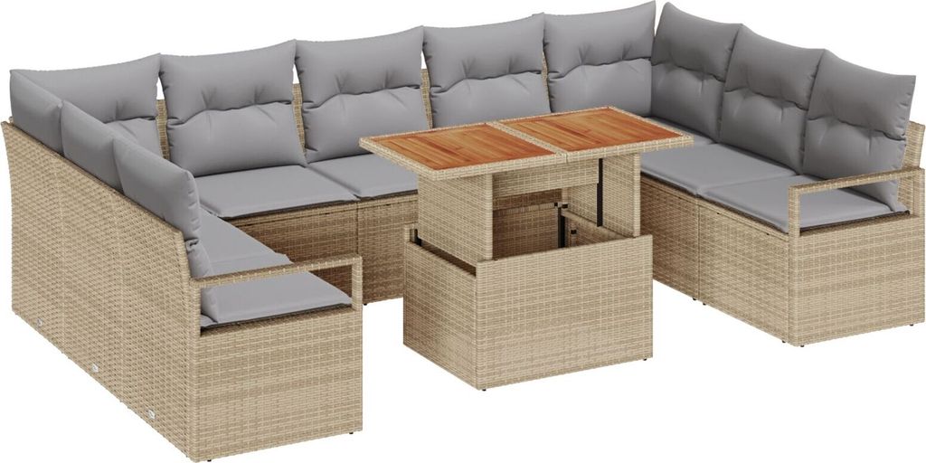 2025 Moderne 10-teiliges Garten Sofa Set mit Kissen Beige Poly Rattan Akazie, 2-Sitzer Garten Sofa mit Kissen Beige Poly Rattan - Gartensofas Neu34...