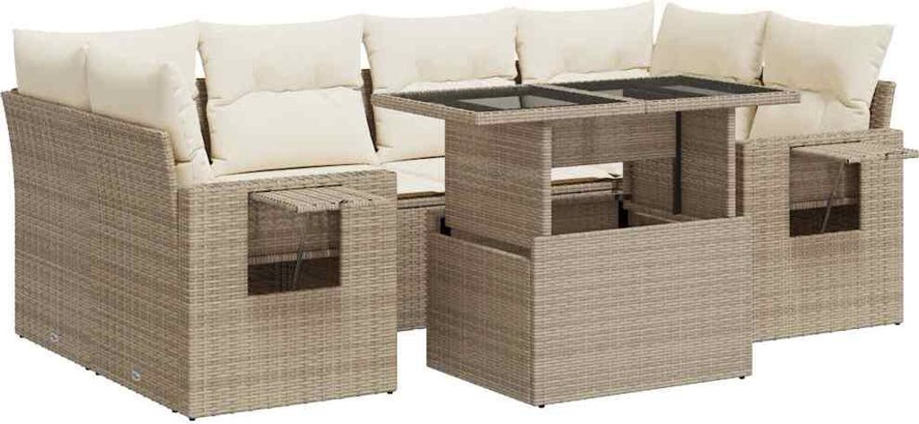 vidaXL 7-tlg. Garten-Sofagarnitur mit Kissen Beige Poly Rattan