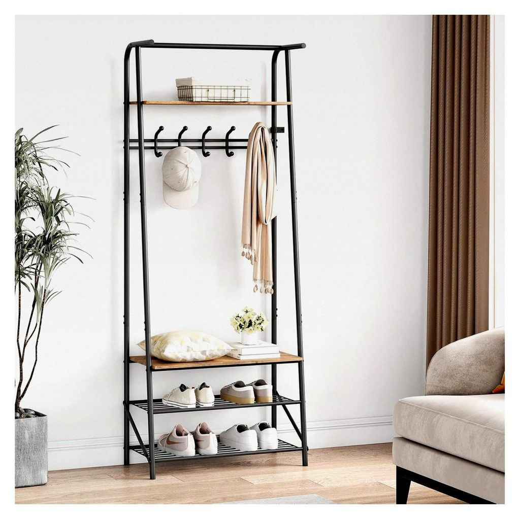 Garderobenständer, 4-in-1 Kleiderständer mit Schuhablagen und 5 abnehmbaren Haken, 64x29x180cm freistehend für Flur, Wohnzimmer, Eingänge