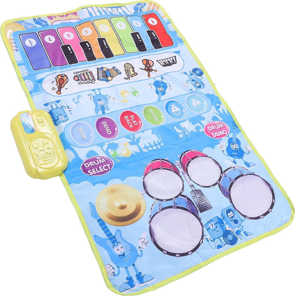 2 in 1 Baby Klavier und Trommel Matte 13 Tasten 5 Musikinstrumente Klänge Interaktives Spiel Baby Musikmatte für Kleinkind Blau