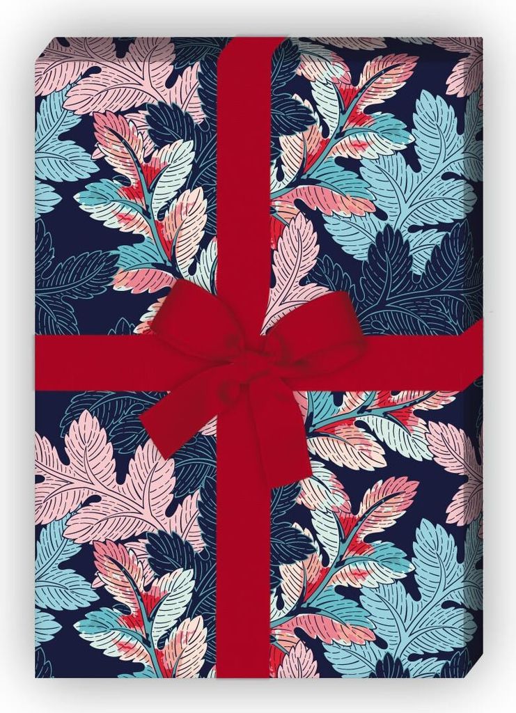 Modernes Geschenkpapier zum Einpacken mit Laub Blätter Muster, blau - G10242, 32 x 48cm