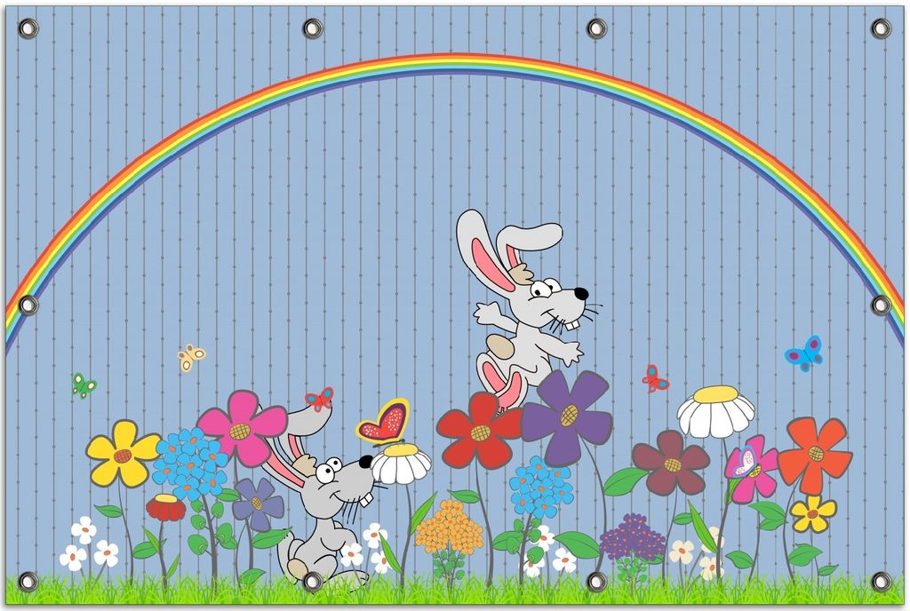 Wallario Outdoor-Poster für Garten oder Balkon, Motiv Süße Hasen unter einem Regenbogen, in ca. 80 x 120 cm