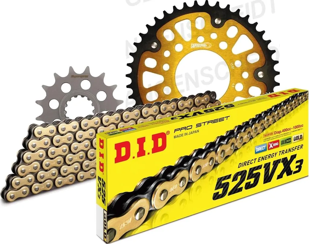 Kit chaîne DID Stealth 525VX3 124 maillons rivets or pour moto