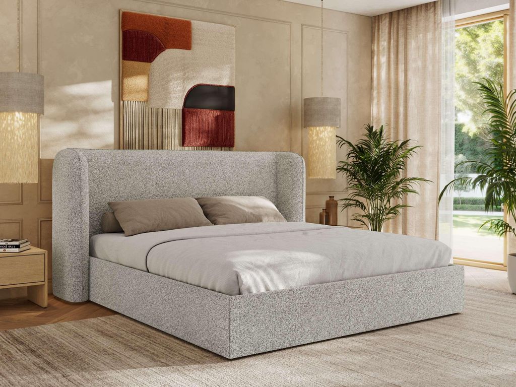 MKS MEBLE Doppelbett Polsterbett EMORA CLASSIC Bett Holzgestell hohes Kopfteil Pocket Matratze VIRE LUX 180x200 Hellgrau Strukture