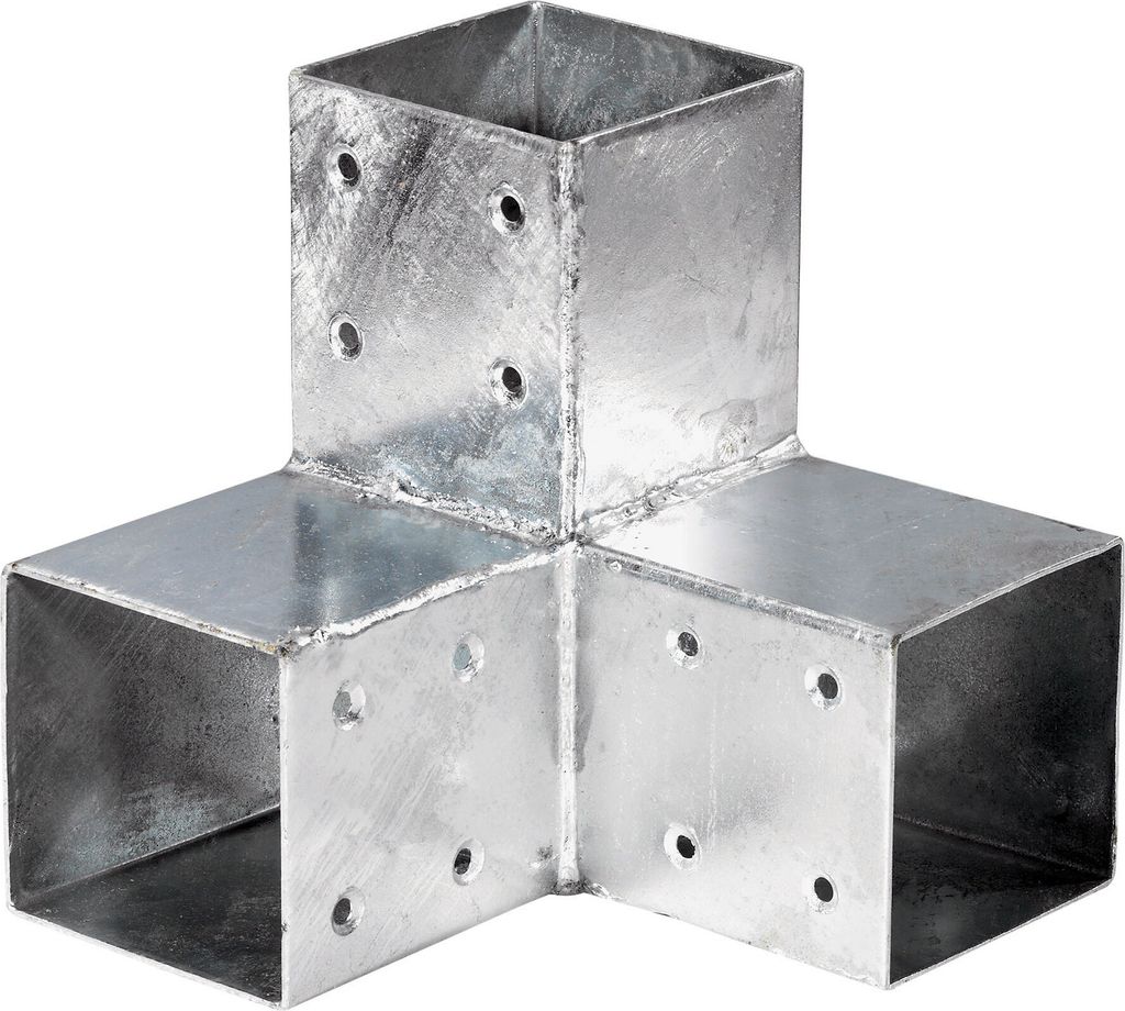 A single, galvanized metal corner bracket for posts.