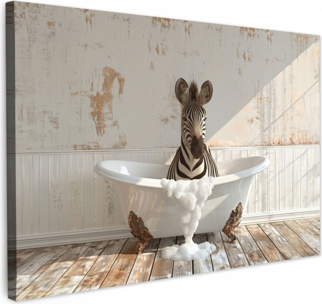 MuchoWow - Leinwandbilder - Vintage - Zebra - Wilde Tiere - Badewanne, Wandbild, Wanddeko Bilder Wohnzimmer, 60x40 cm