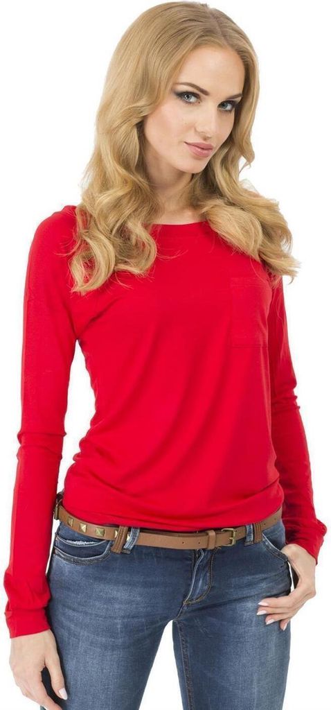 Damen Longshirt langarm T-Shirt mit Brusttasche ; Rot/XL/XXL 42/44