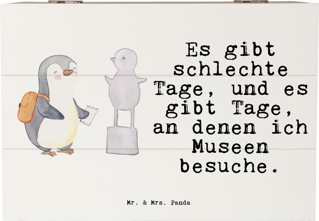 Mr. & Mrs. Panda Kiste Pinguin Museum besuchen 22 x 15 cm - Weiß - Geschenk, Schatzkiste, Erinnerungsbox, Museen, Truhe, Geschenkbox, Box aus Holz