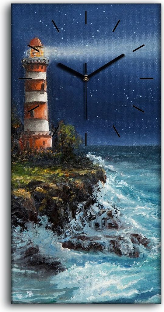 Dekor Leinwand Uhr Wandbilder 30x60 Gemälde Küste Ozean Wellen Leuchtturm - schwarze Hände