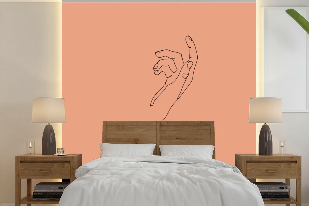 MuchoWow Fototapete für Wohnzimmer oder Schlafzimmer Wandtapete Vinyl Motivtapete Hand - Strichzeichnung - Orange - 350x350 cm - Schlafzimmertapete