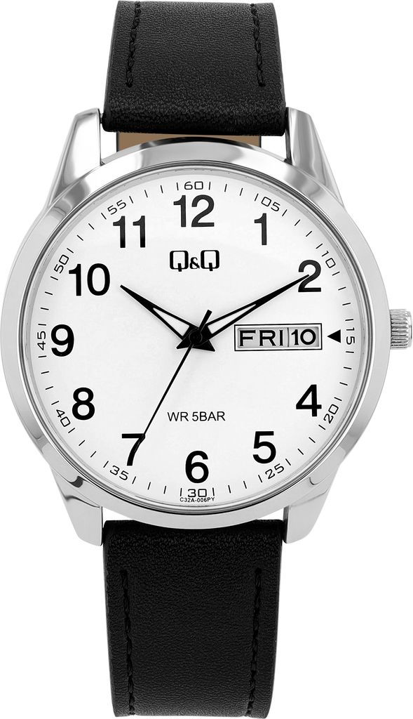 Q&Q Herrenuhr mit Lederband, 5 ATM, Wochentags- & Datumsanzeige, schwarz/ weiß