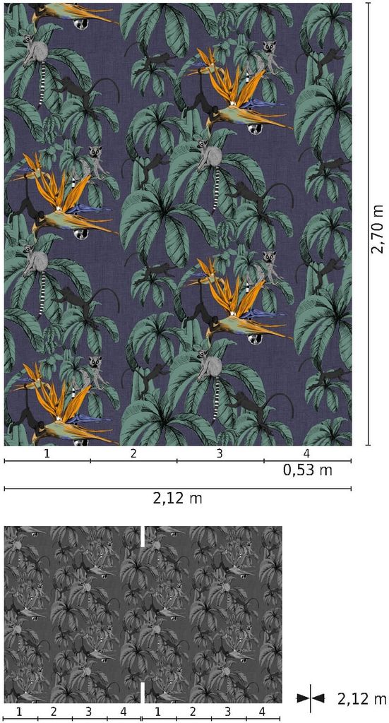 NEWROOM Tapete Blau Vliestapete Tiere - Wandbild Tropisch Grün Orange Affen Dschungel Tapete Floral Tiertapete
