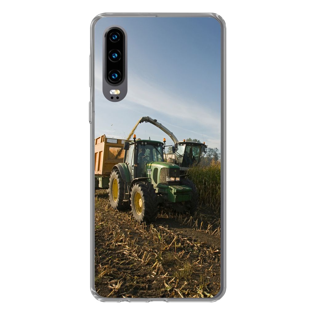 MuchoWow Handyhülle Schutzhülle Hülle für Huawei P30 Traktor - Anhänger - Mais - Grün - Landleben Silikon Softcase Handy Hülle - Kartenbes...