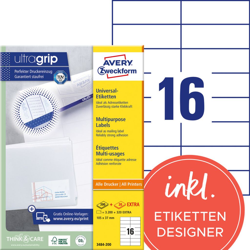 Avery Zweckform 3484-200 Universal-Etiketten, A4 mit ultragrip, Adressaufkleber 105 x 37 mm, weiß