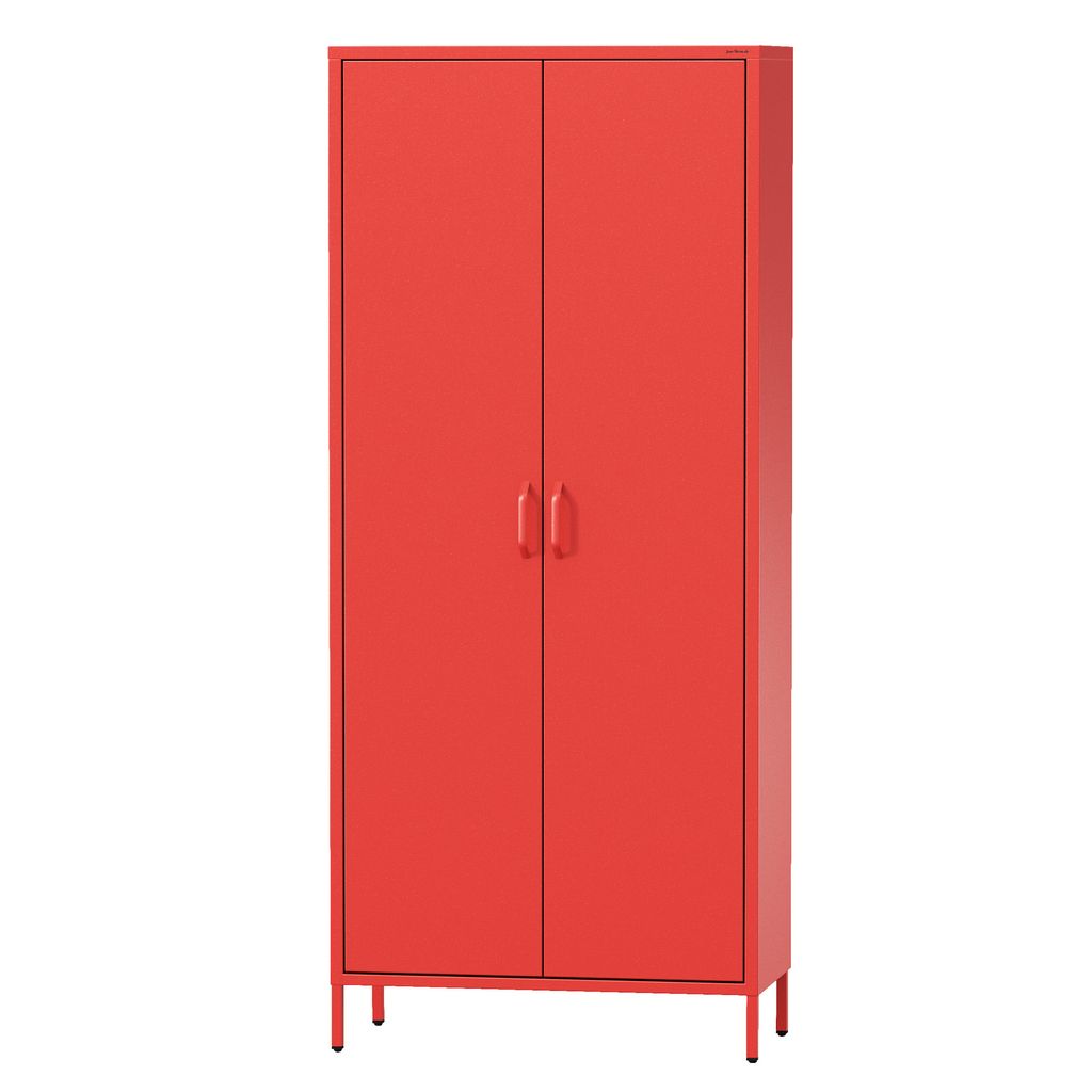 A red metal wardrobe with two doors and a simple design, presented against a white background.