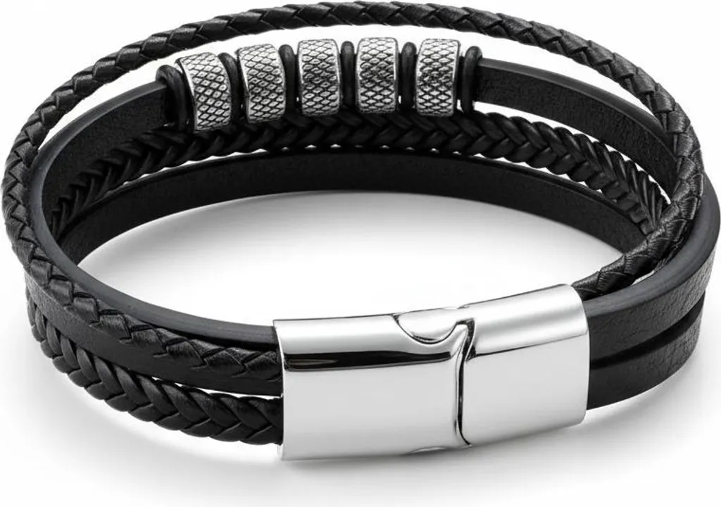 Bracelet Homme Cuir et Acier Argenté : Cadeau Idéal Style Rétro 21 cm - 2