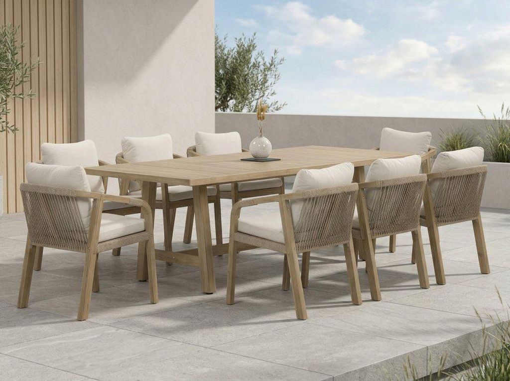 furrore Garten-Essgruppe "MARIGOLD 8+1", 8 Stühle + eckiger Tisch, handgeflochtene Rückenlehnen, Akazienholz, mit Sitzkissen, Geflecht, Rope, Skandi