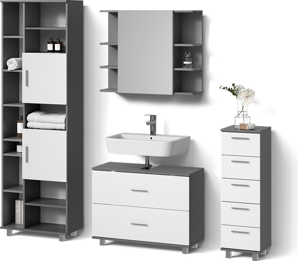 Badmöbel-Set Livinity Eisak Weiß/Anthrazit 4 Teile, mit Hochschrank, Model 52593