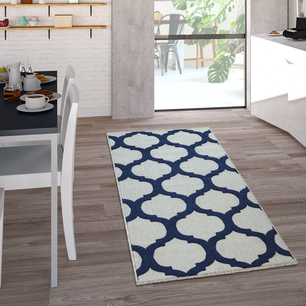 Outdoor Indoor Teppich Weiß Blau 3D Optik Marokkanisches Design Flachgewebe Grösse 120x170 cm