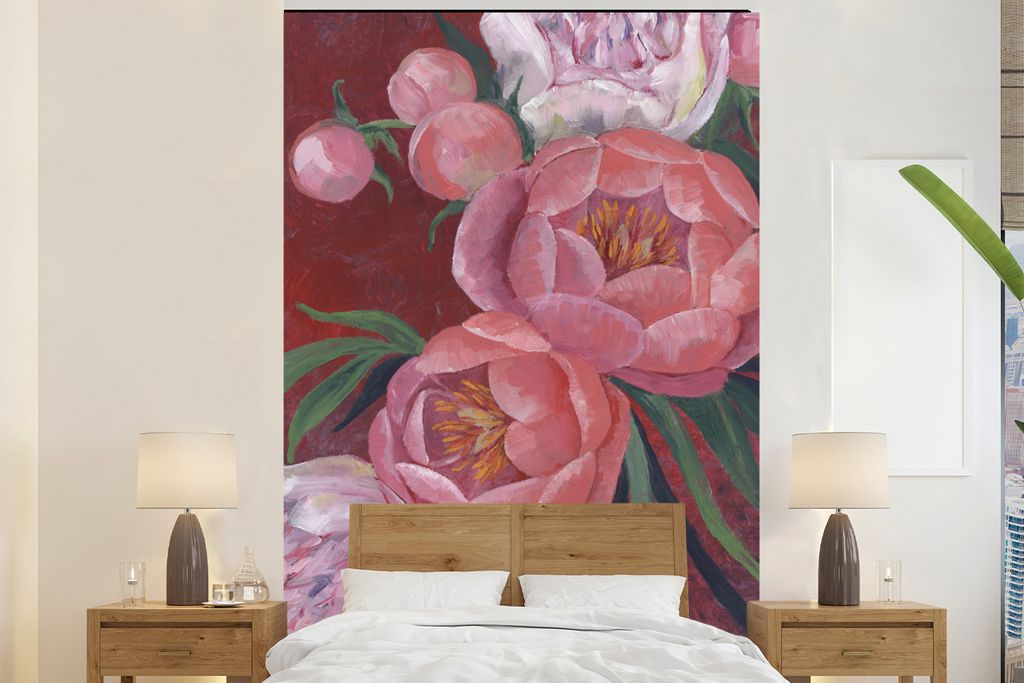 MuchoWow Fototapete für Wohnzimmer oder Schlafzimmer Wandtapete Vinyl Motivtapete Blumen - Rosa - Malerei - Pflanzen - 195x300 cm - Das Hintergr...
