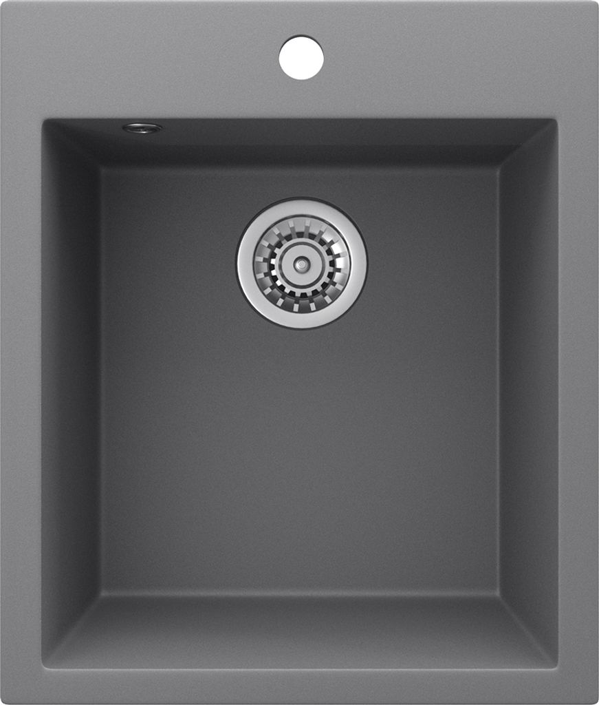 A top-down view of a gray sink with a drain.