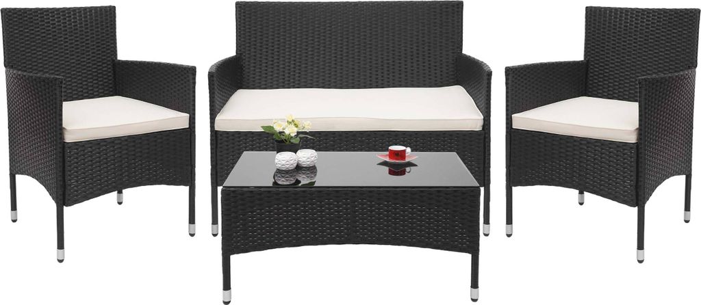 Poly-Rattan Garnitur MCW-F55, Balkon-/Garten-/Lounge-Set Sofa Sitzgruppe schwarz, Kissen creme