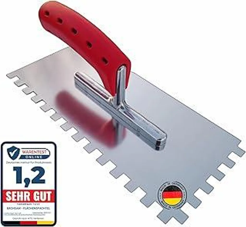 Spatola dentata 10 mm, spatola liscia dentata con impugnatura morbida, spatola liscia dentata in acciaio inossidabile, spatola dentata 10x10, cazzuola per la posa di piastrelle, prodotta in Germania 28 cm x 13 cm (spatola dentata 10 mm) - 1