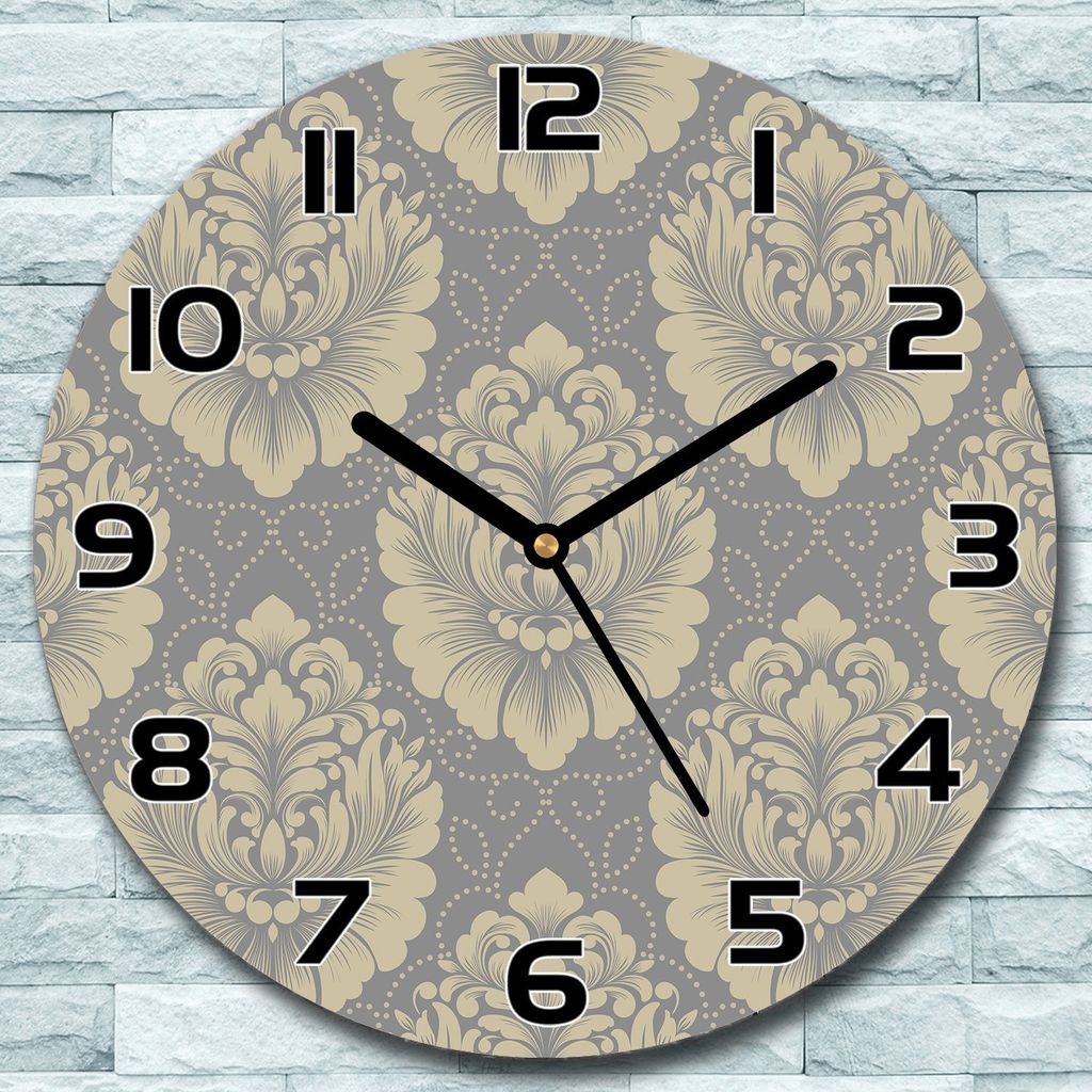 Wanduhr aus Glas Rund fi 30 Damask gold grau Quarz Deko Schlafzimmer Büro