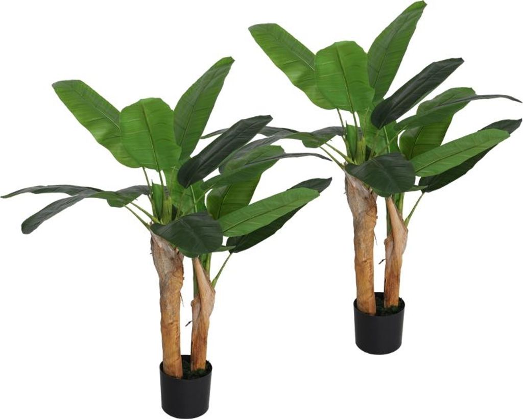 Fortuna Lai Künstlicher Bananenbaum 2er Set groß 120 cm Kunstpflanze, Künstliche Pflanzen Bananenbaum wie echt mit Topf, Kunstmoos, Kunstgras f...