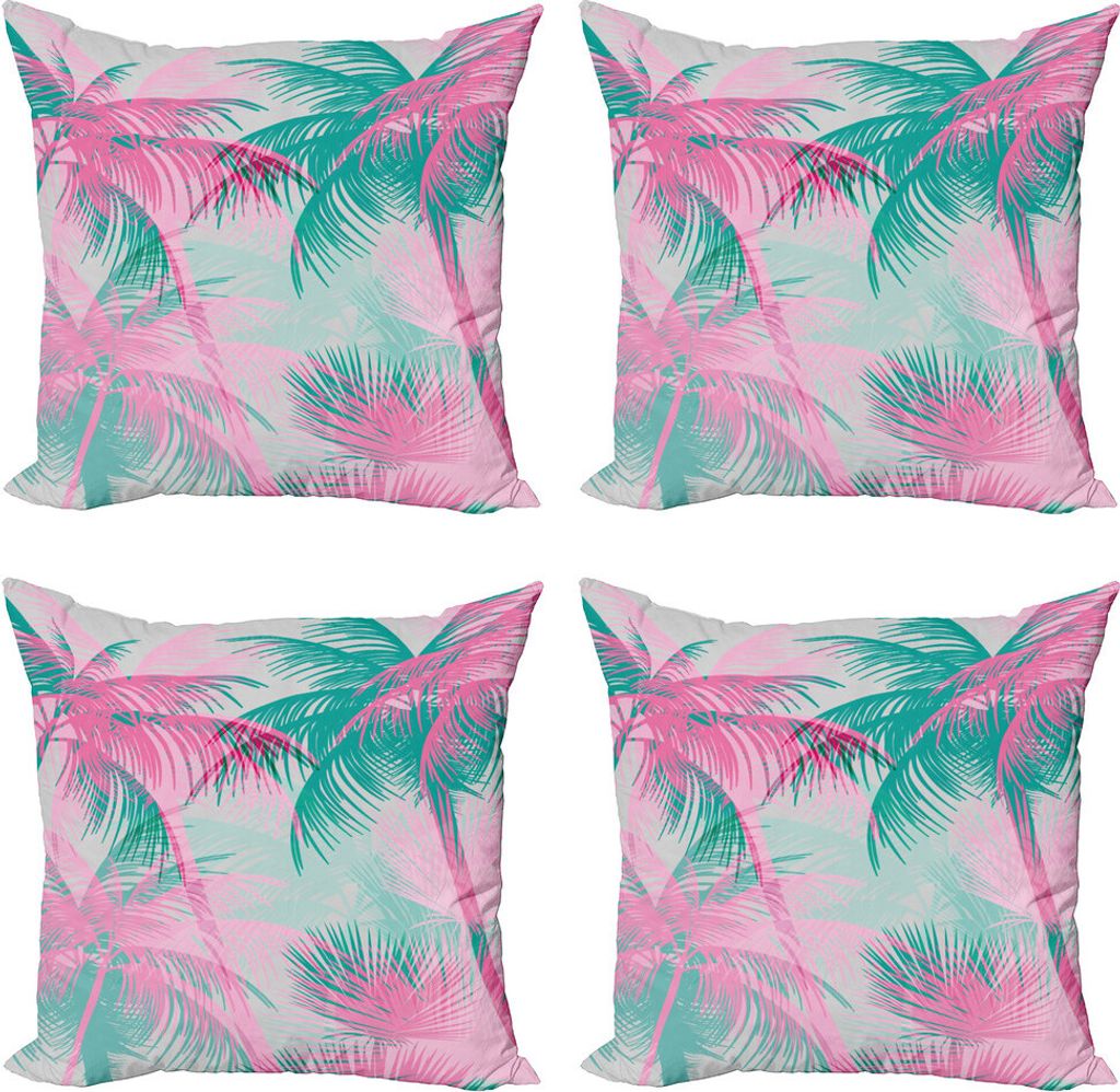 ABAKUHAUS Palmblatt Kissenbezug Set (4 Stück), Strand-Party-Vintage, Moderner Doppelseitiger Digitaldruck, 45 cm x 45 cm, Rosa Teal weiß