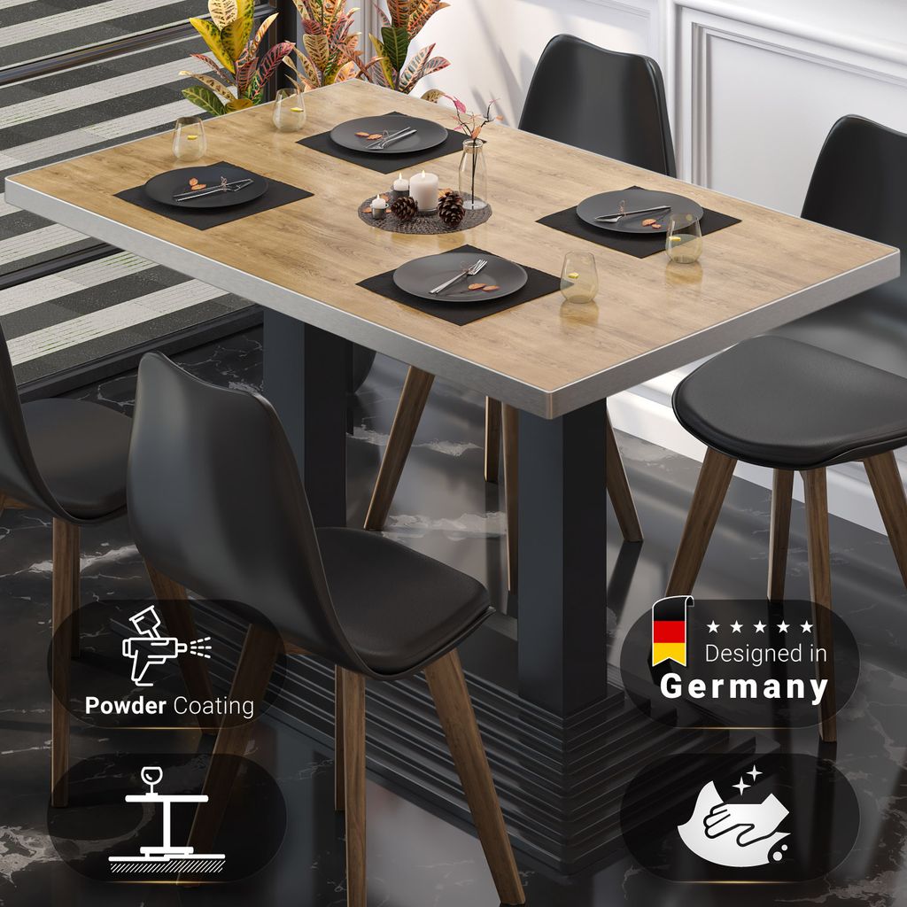BPY | Bistro Tisch | 120 x 70 x 78,5 cm | Quadratisch | Edelstahl Rand | Eiche / Schwarz | Bistrotisch Gastro Tisch