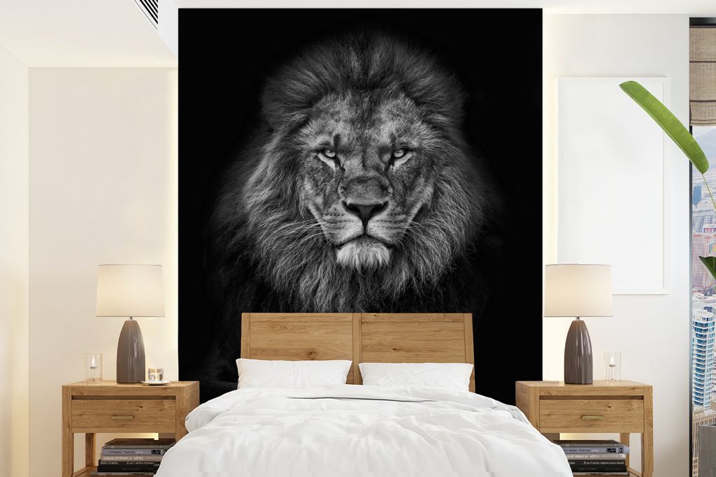 MuchoWow Fototapete für Wohnzimmer oder Schlafzimmer Wandtapete Vinyl Motivtapete Löwe - Tiere - Schwarz - Weiß - 175x240 cm - Schlafzimmertapete