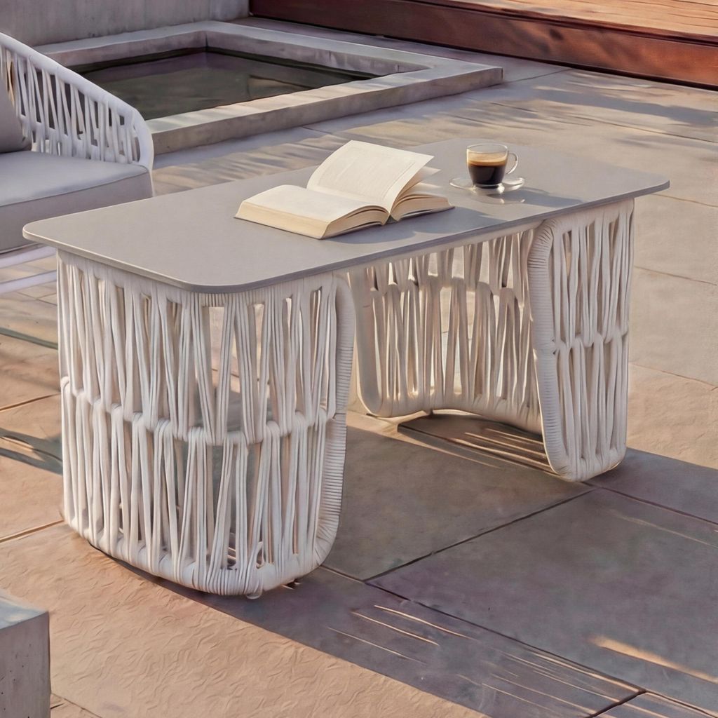 Loungetisch MCW-P90, Gartentisch Balkontisch Outdoor, Seilgeflecht Rope Sinterstein 43x90x45cm hellgrau, Platte grau