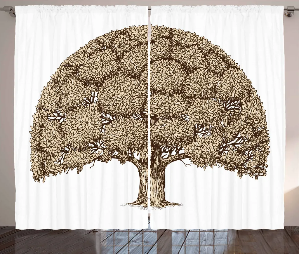 ABAKUHAUS Tenda rustica con motivo ad albero, foglie di quercia antiche, tende universali per soggiorno con passanti e ganci, 280 x 225 cm, marrone chiaro e marrone