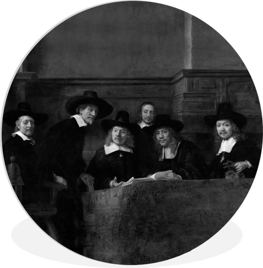 MuchoWow Rundes Wandbild - Runde Bilder Die Stahlmeister - Gemälde von Rembrandt van Rijn - schwarz-weiß Ø 30 cm Kreis Wanddekoration Kunststo...