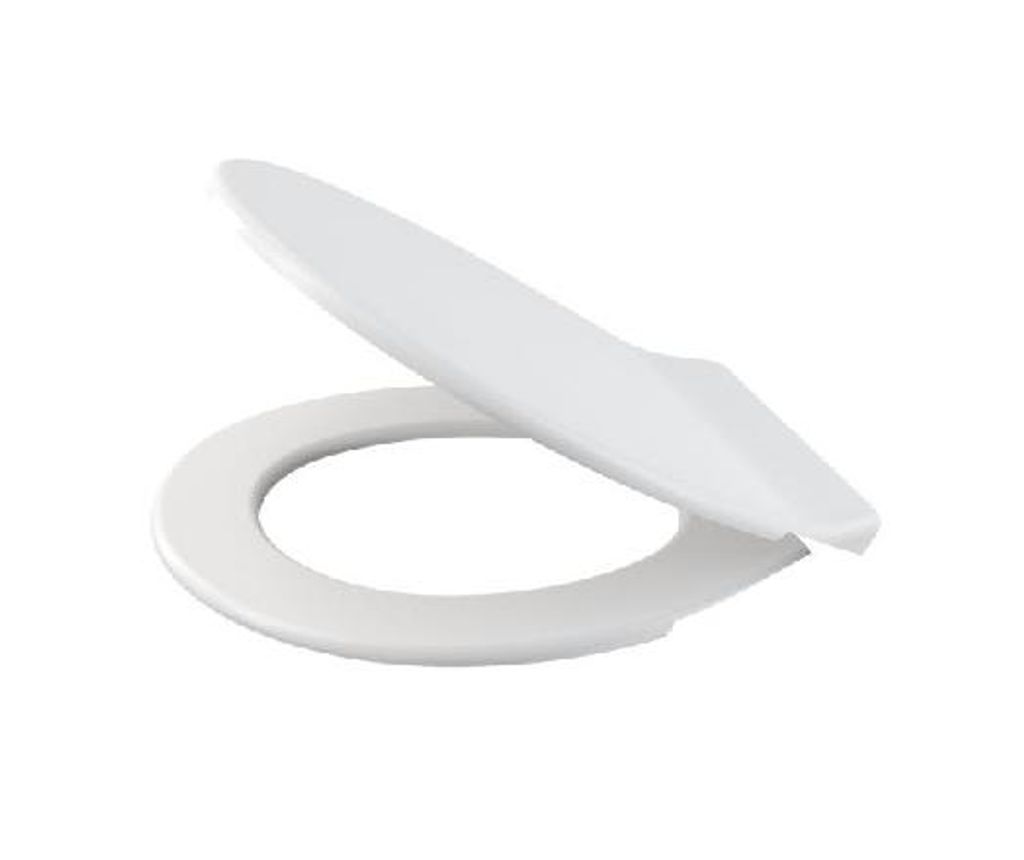 A white toilet seat is shown on a white background.