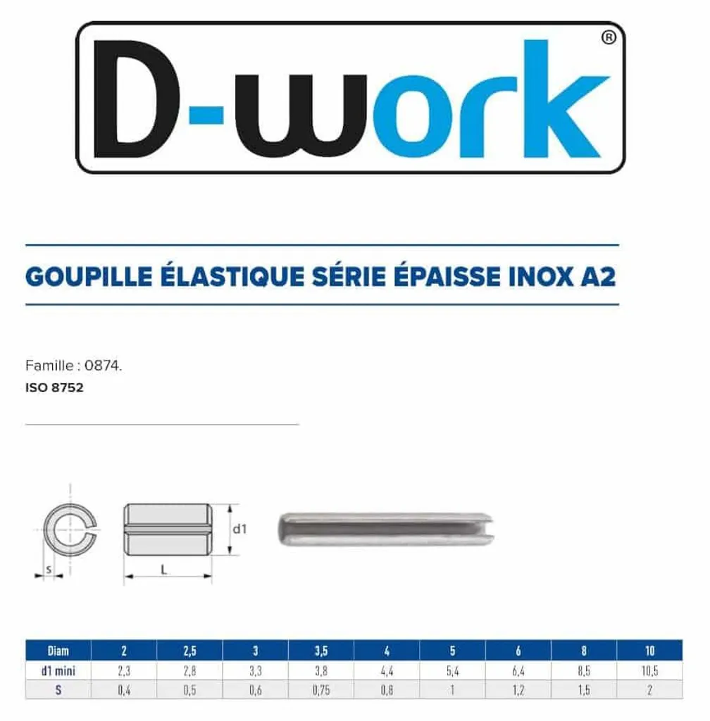 100 Goupilles Élastiques D. 10 x 20 mm - Réf 8752 - Inox A2 - D-Work