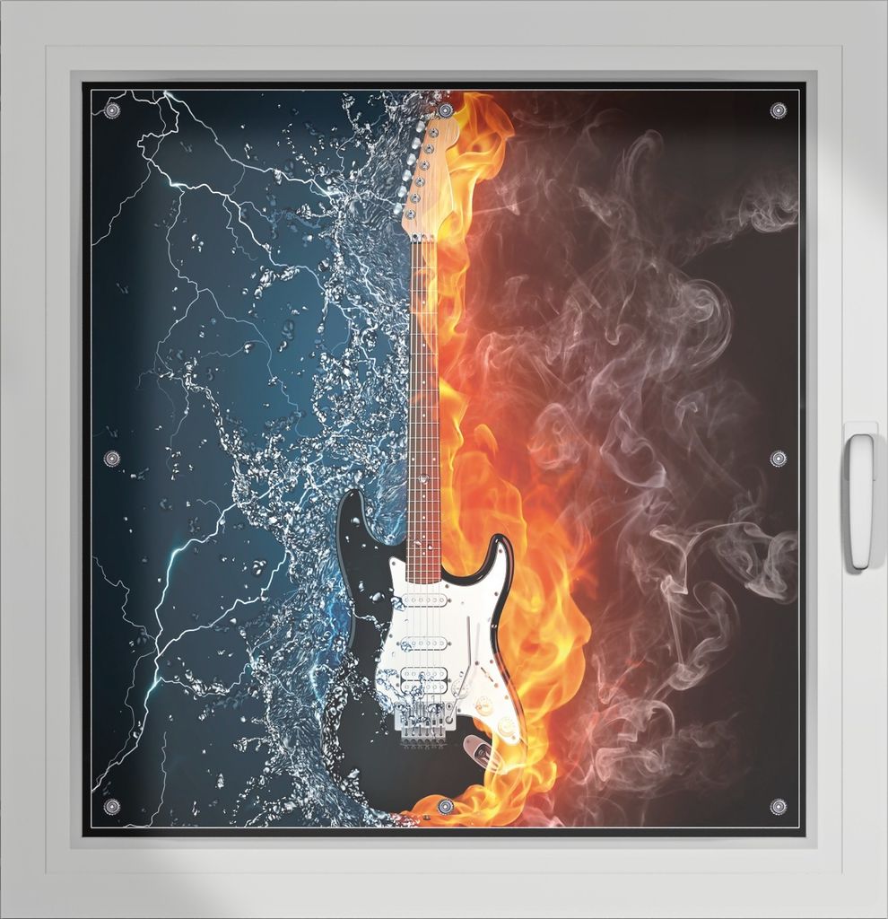 Wallario Lichtschutzbild, Dekorativer Sichtschutz Sonnenschutz 96 x 93 cm mit Motiv: Feuer-Wasser-Gitarre - Verdunklung ohne Bohren