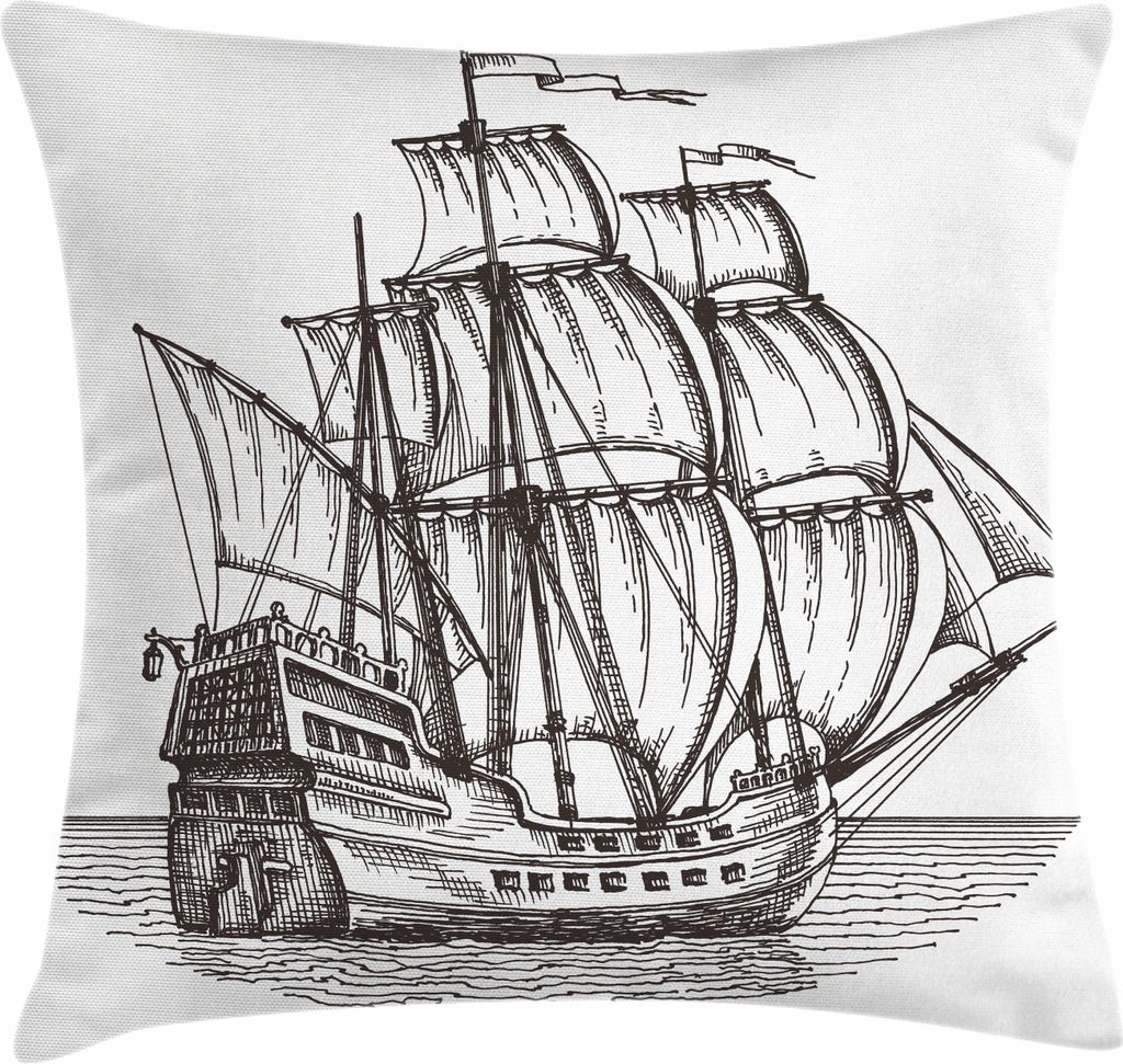 ABAKUHAUS Piratenschiff Kissenbezug, Altes Retrostil-Schiff, das auf Wasser-Antike-Kreuzfahrt-Marineskizzen-Kunst schwimmt, 40 x 40 cm, Charcoal Gr...