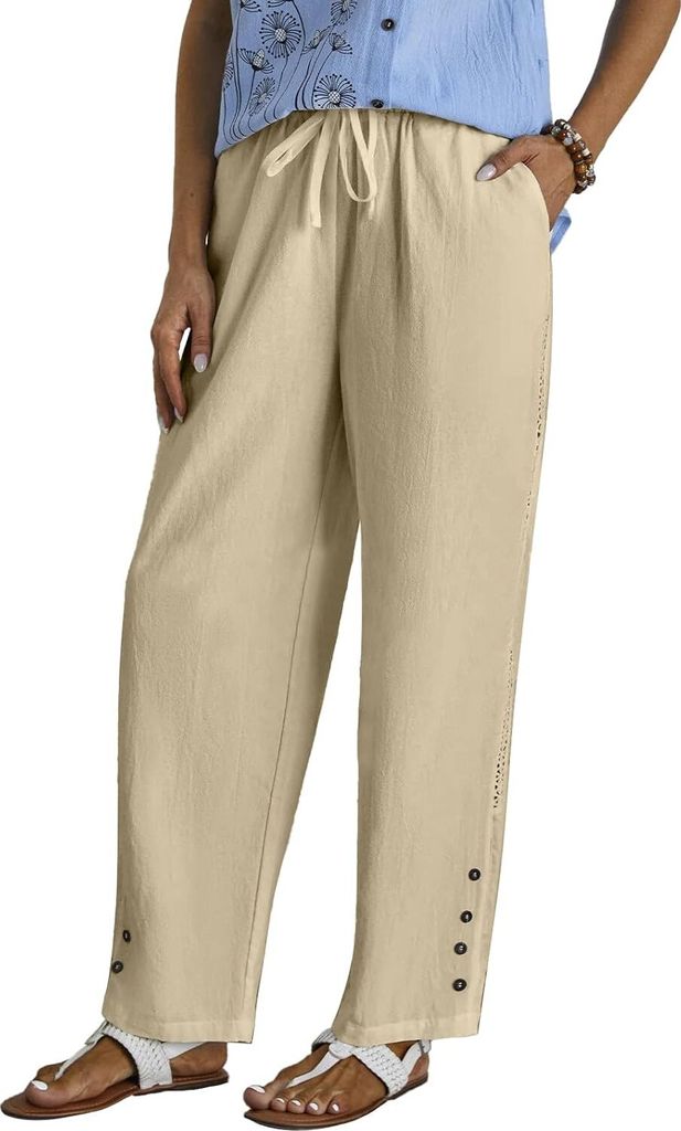 ASKSA Damen Leinenhose Casual Leicht Leinen Hose Gerades Bein Palazzo Freizeithose Einfarbig Hohle Sommerhose (Khaki,L)