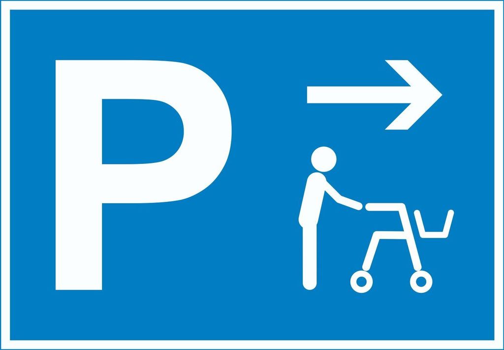 Rollator Gehwagen Parkplatz Schild mit Richtungspfeil rechts waagerecht A3 Rückseite selbstklebend